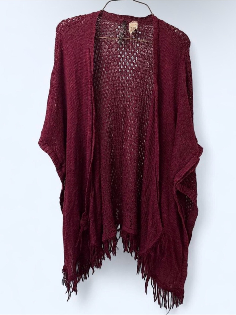 Burgundy/Maroon Fringe Open Knit Cardigan Sweater Size M | Boho Festival Layer